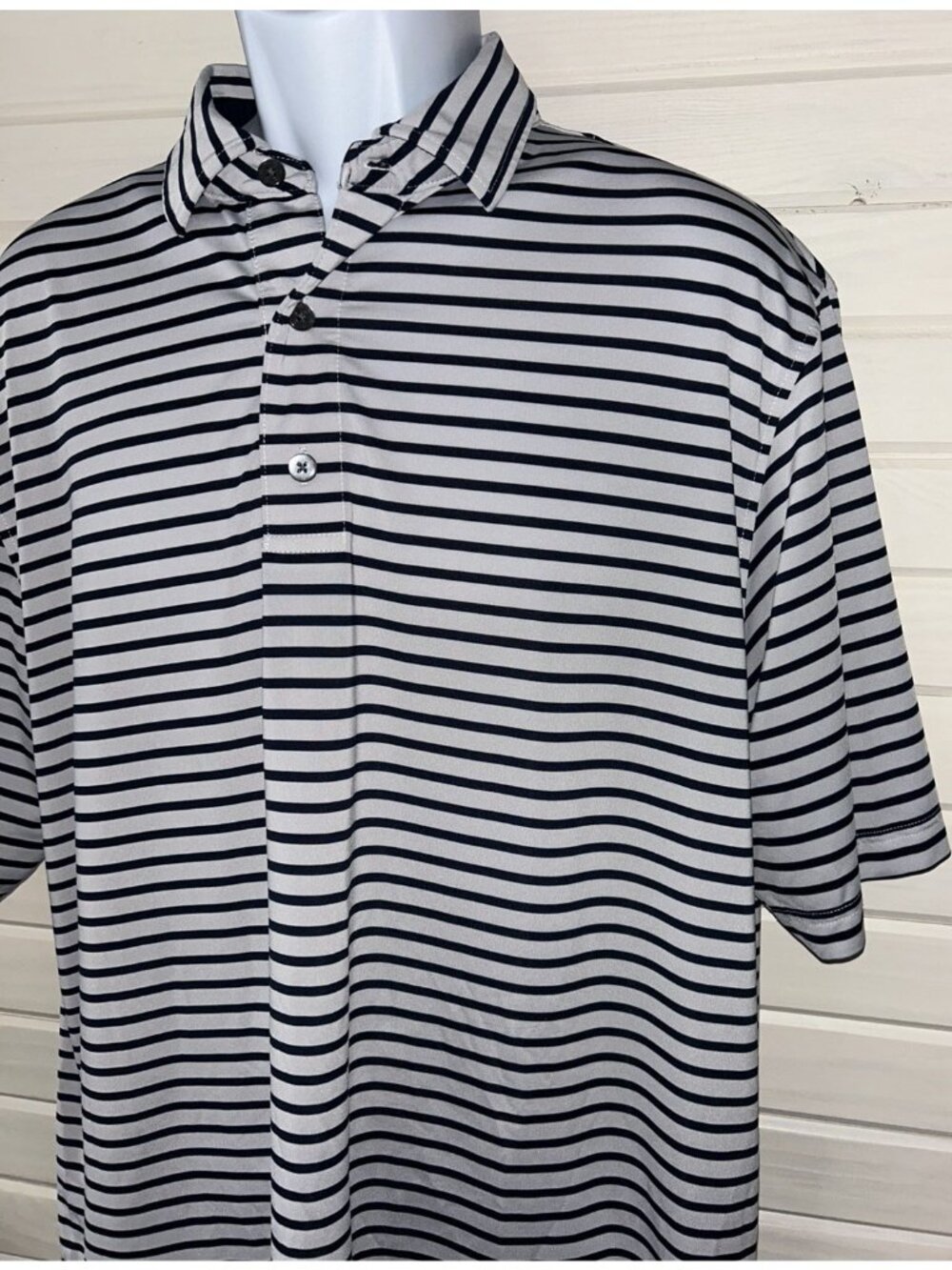 FootJoy Sz LARGE Lisle Men's Navy Blue Pale Gray Stripe Golf Polo Easy Care EUC